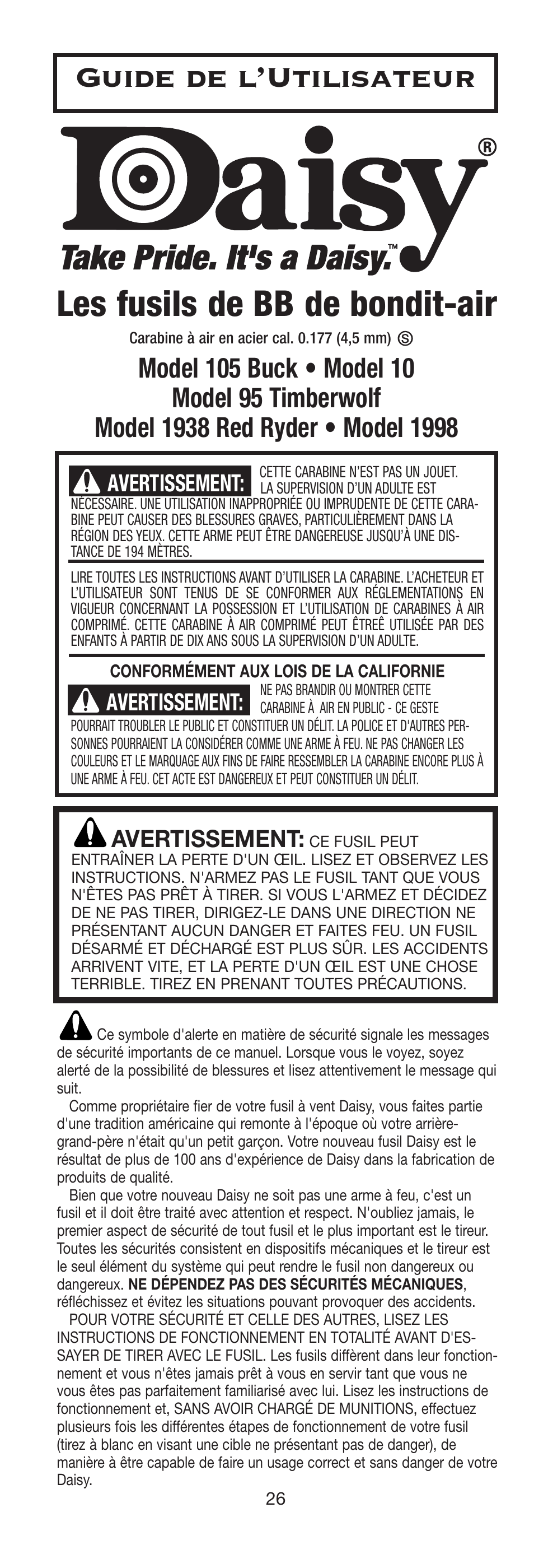 Les fusils de bb de bondit-air, Guide de l’utilisateur, Avertissement | Daisy 9938K Red Ryder Kit User Manual | Page 27 / 36