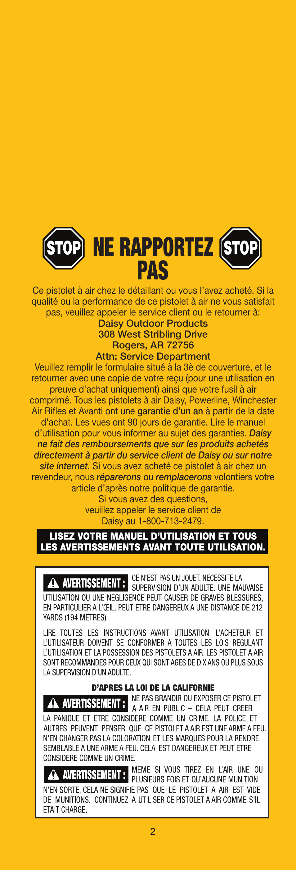 Ne rapportez pas | Daisy 9938K Red Ryder Kit User Manual | Page 3 / 36