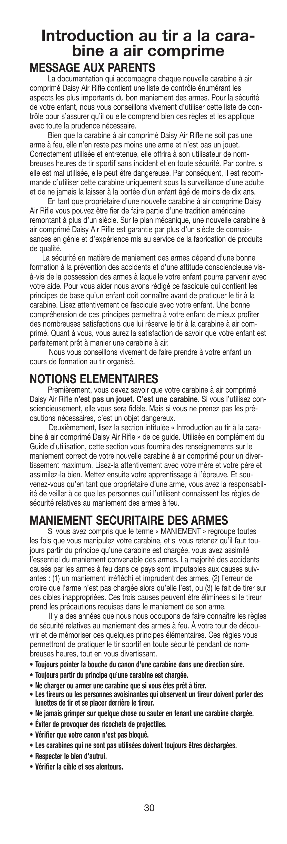 Introduction au tir a la cara- bine a air comprime, Message aux parents, Notions elementaires | Maniement securitaire des armes | Daisy 9938K Red Ryder Kit User Manual | Page 31 / 36
