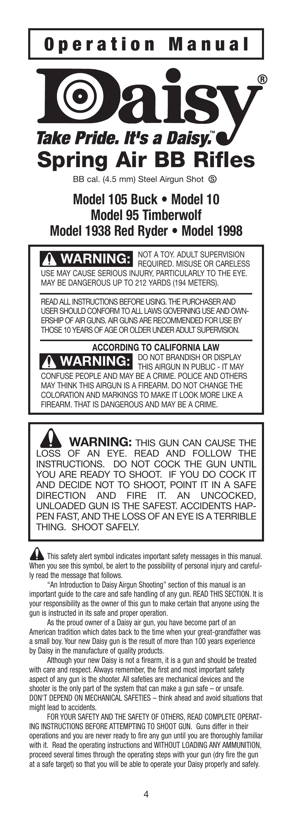 Spring air bb rifles, Warning | Daisy 9938K Red Ryder Kit User Manual | Page 5 / 36
