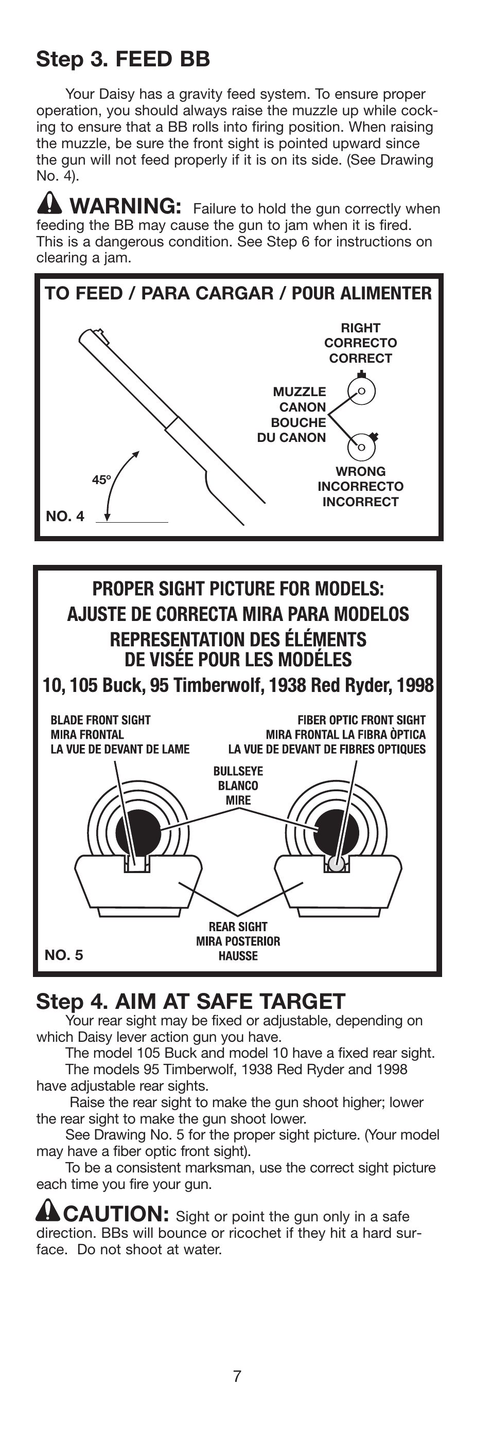 Step 4. aim at safe target, Caution, Step 3. feed bb | Warning | Daisy 9938K Red Ryder Kit User Manual | Page 8 / 36