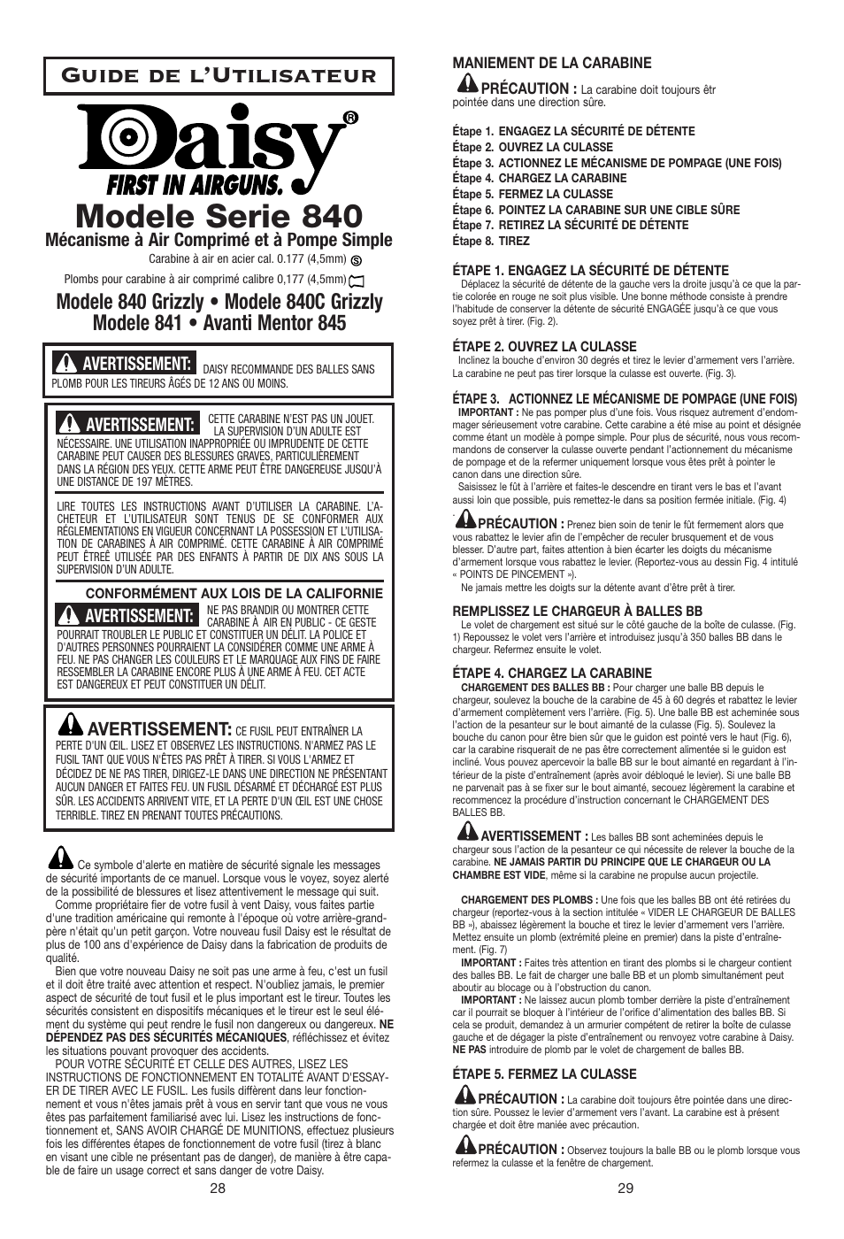 Modele serie 840, Guide de l’utilisateur, Avertissement | Mécanisme à air comprimé et à pompe simple | Daisy 840C Mossy Oak Grizzly User Manual | Page 15 / 20