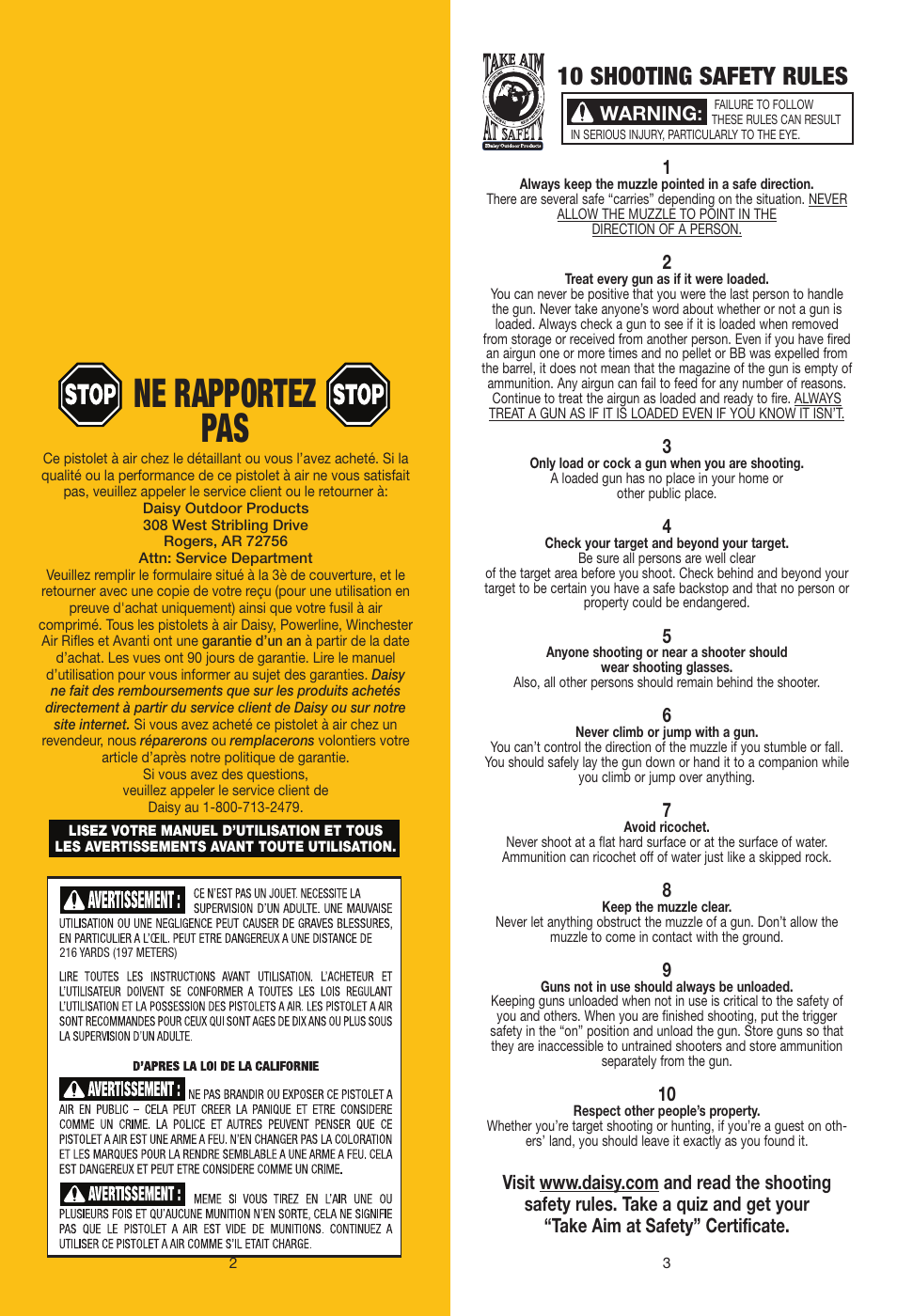 Ne rapportez pas, 10 shooting safety rules | Daisy 840C Mossy Oak Grizzly User Manual | Page 2 / 20