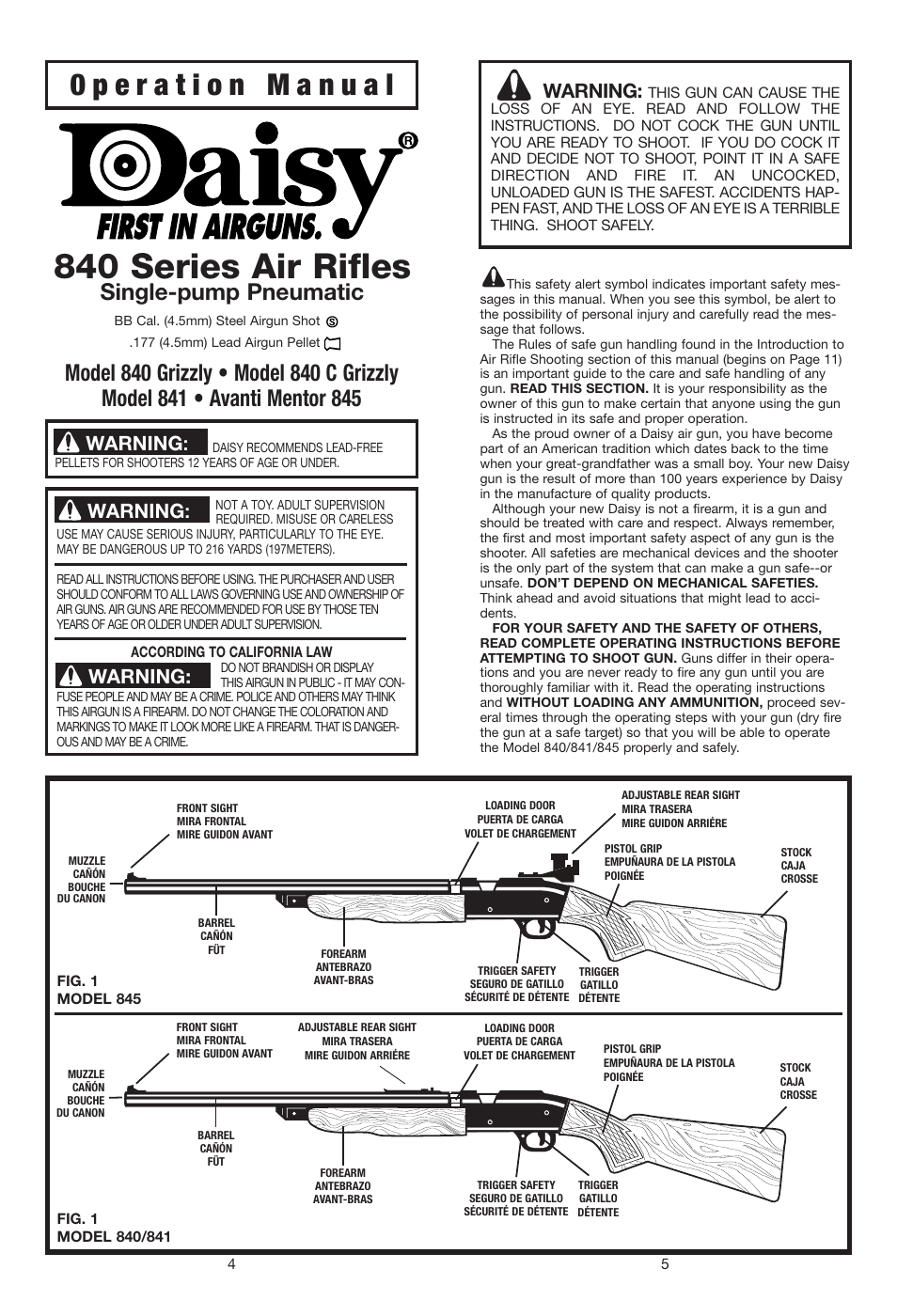 840 series air rifles, Single-pump pneumatic, Warning | Daisy 840C Mossy Oak Grizzly User Manual | Page 3 / 20