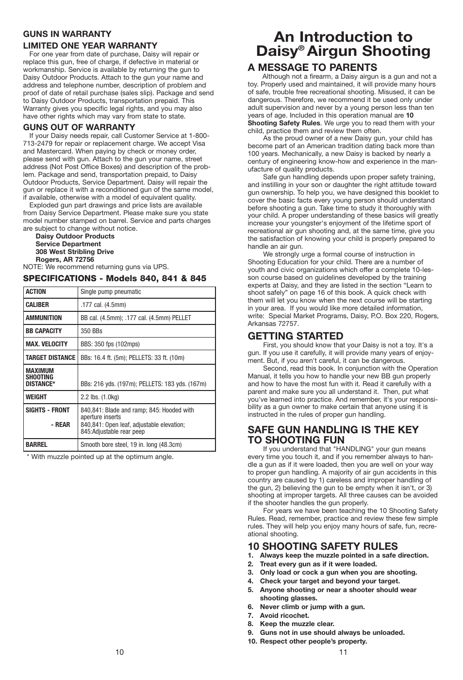 An introduction to daisy, Airgun shooting, A message to parents | Getting started, Safe gun handling is the key to shooting fun, 10 shooting safety rules | Daisy 840C Mossy Oak Grizzly User Manual | Page 6 / 20