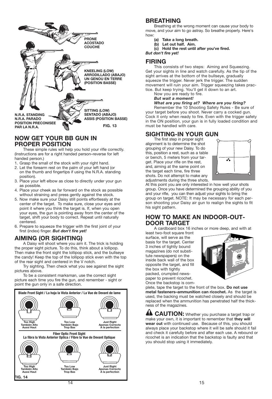 Now get your bb gun in proper position, Aiming (or sighting), Breathing | Firing, Sighting-in your gun, How to make an indoor-out- door target, Caution | Daisy 840C Mossy Oak Grizzly User Manual | Page 8 / 20