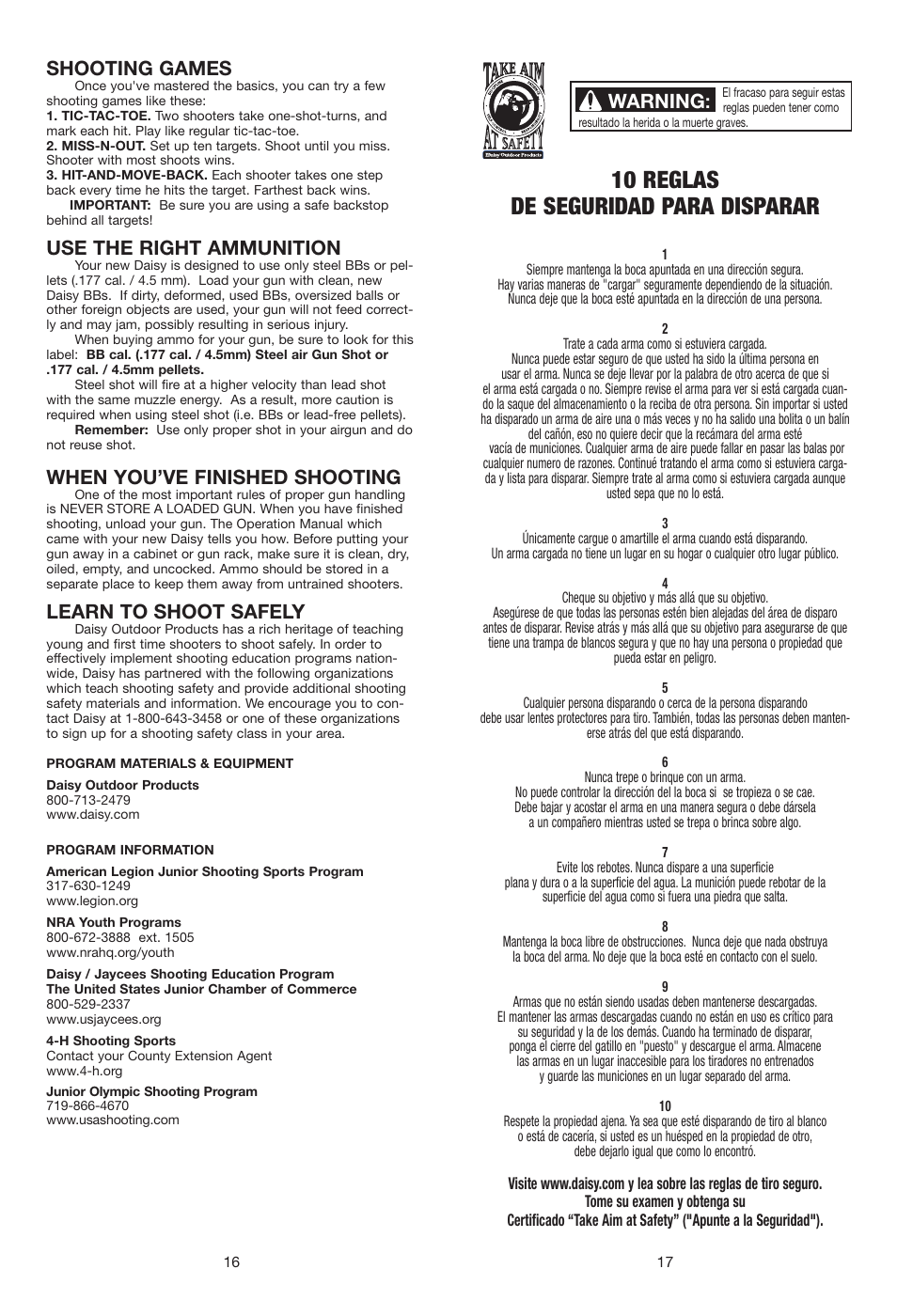 10 reglas de seguridad para disparar, Shooting games, Use the right ammunition | When you’ve finished shooting, Learn to shoot safely, Warning | Daisy 840C Mossy Oak Grizzly User Manual | Page 9 / 20