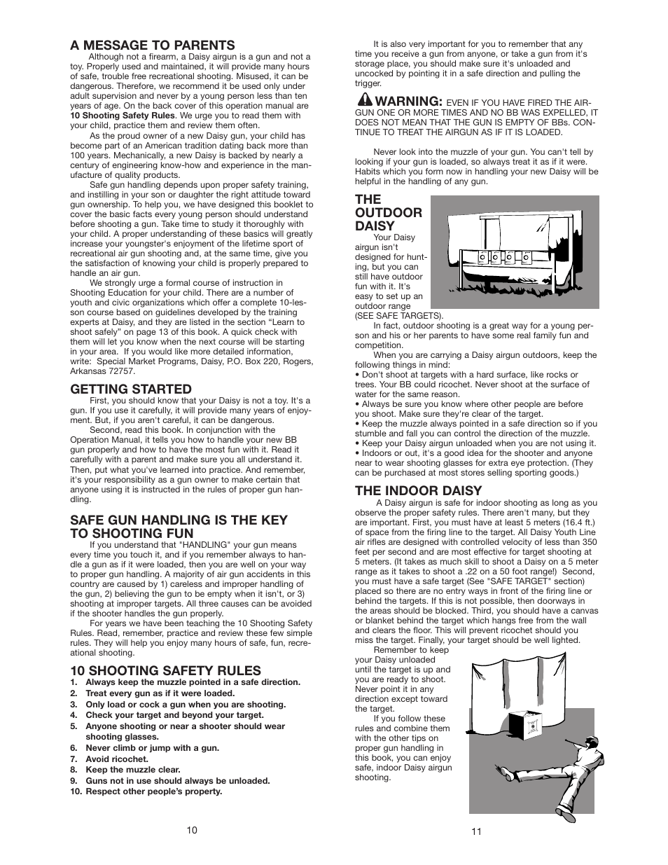 A message to parents, Getting started, Safe gun handling is the key to shooting fun | 10 shooting safety rules, Warning, The outdoor daisy, The indoor daisy | Daisy 840B Black Grizzly User Manual | Page 6 / 8