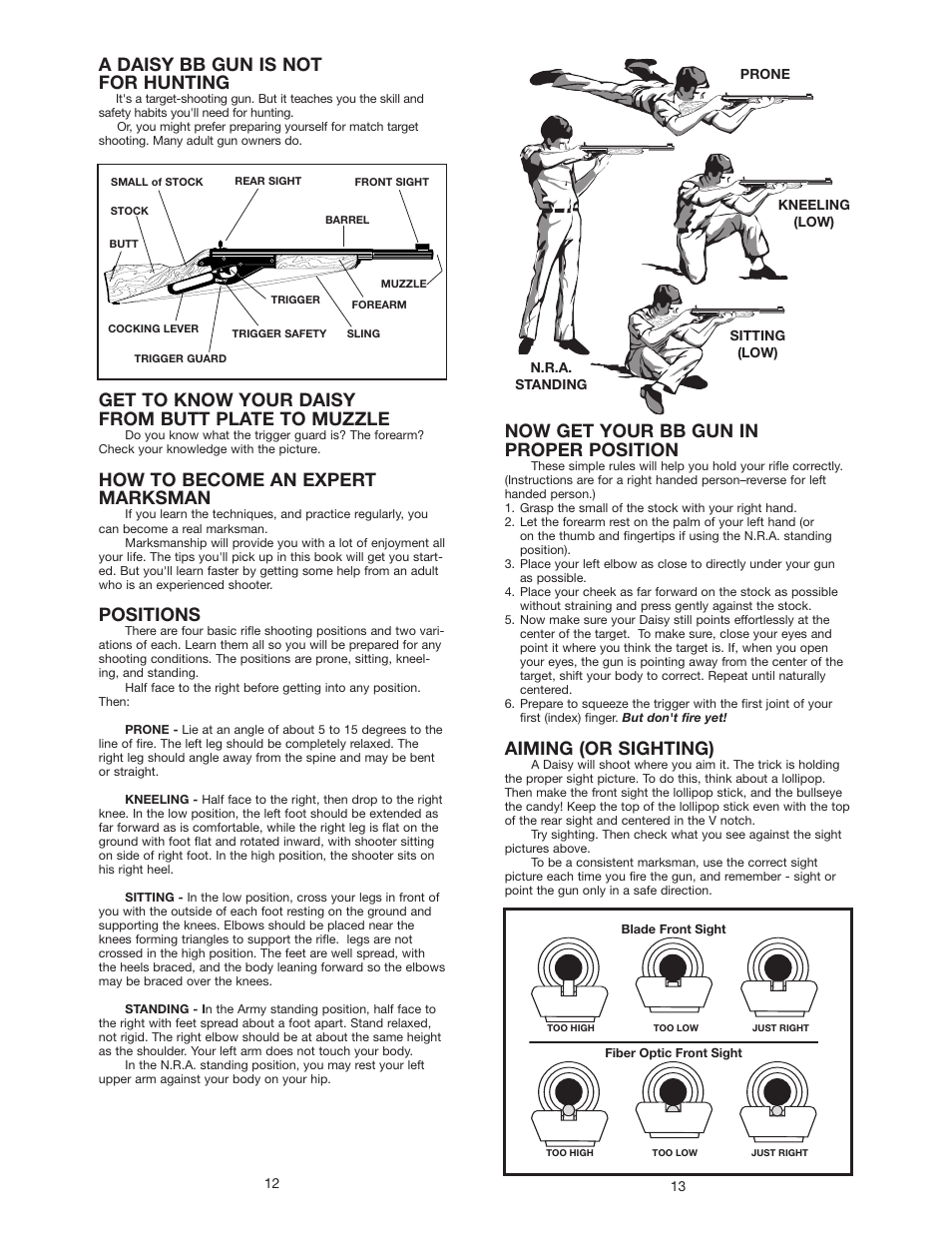 Now get your bb gun in proper position, Aiming (or sighting), A daisy bb gun is not for hunting | Get to know your daisy from butt plate to muzzle, How to become an expert marksman, Positions | Daisy 840B Black Grizzly User Manual | Page 7 / 8