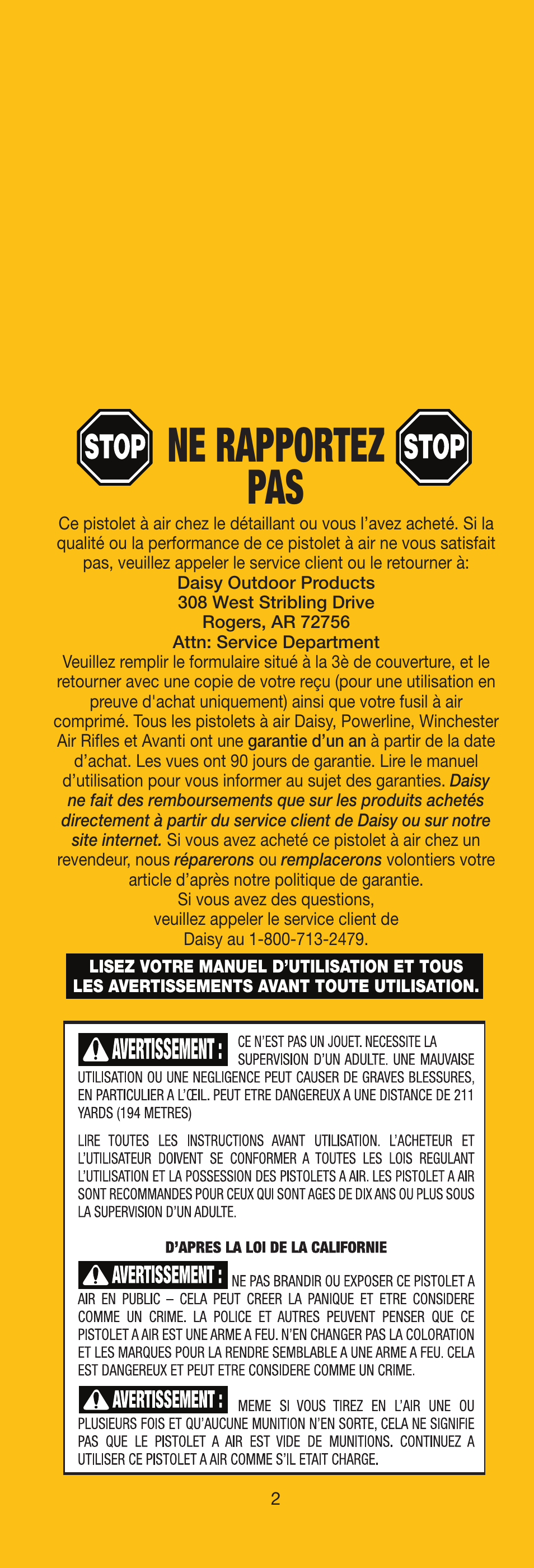 Ne rapportez pas | Daisy 105 Buck User Manual | Page 3 / 36