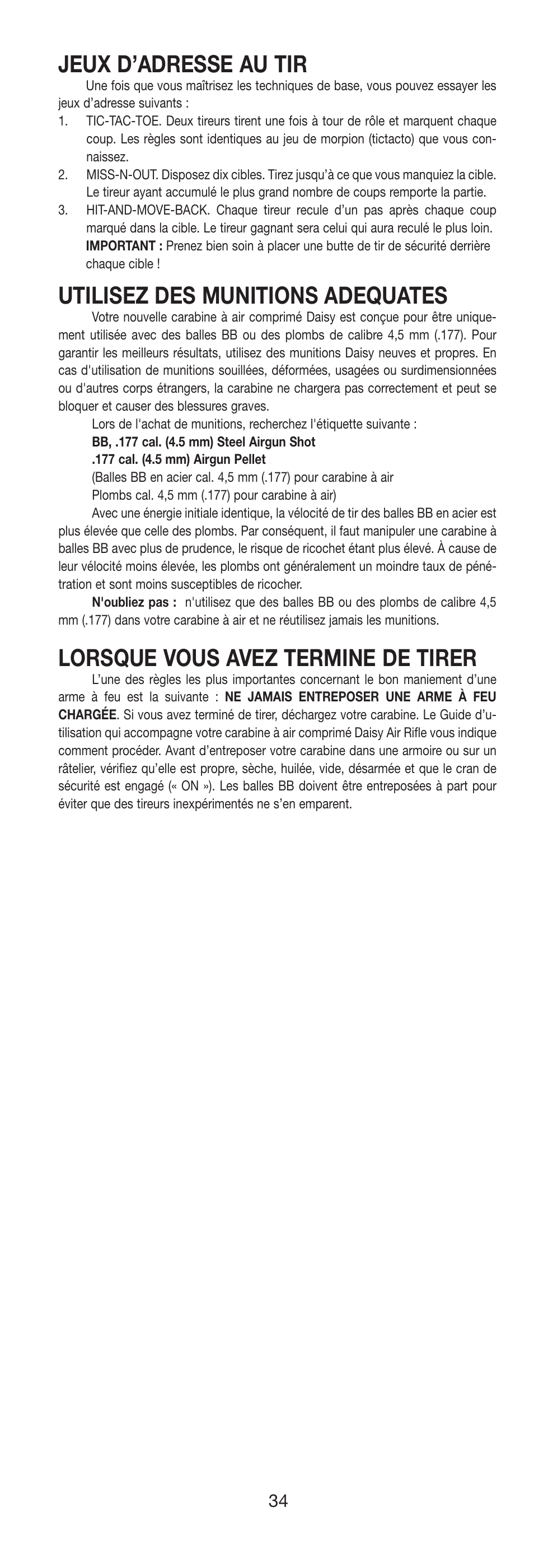 Jeux d’adresse au tir, Utilisez des munitions adequates, Lorsque vous avez termine de tirer | Daisy 105 Buck User Manual | Page 35 / 36