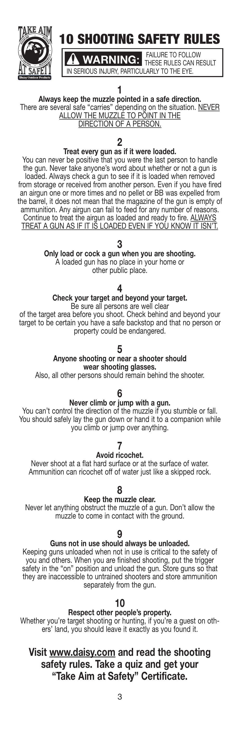 10 shooting safety rules | Daisy 105 Buck User Manual | Page 4 / 36