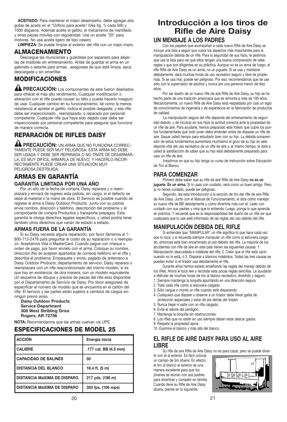 Introducción a los tiros de rifle de aire daisy, Almacenamiento, Modificaciones | Reparación de rifles daisy, Armas en garantía, Especificaciones de model 25, Un mensaje a los padres, Para comenzar, Manipulación debida del rifle, El rifle de aire daisy para uso al aire libre | Daisy 25 Pump Gun User Manual | Page 11 / 18