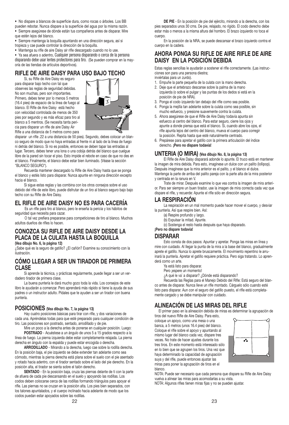 Unteria (o mira), La respiración, Disparar | Alineación de las miras del rifle, Rifle de aire daisy para uso bajo techo, El rifle de aire daisy no es para cacería, Cómo llegar a ser un tirador de primera clase, Posiciones | Daisy 25 Pump Gun User Manual | Page 12 / 18