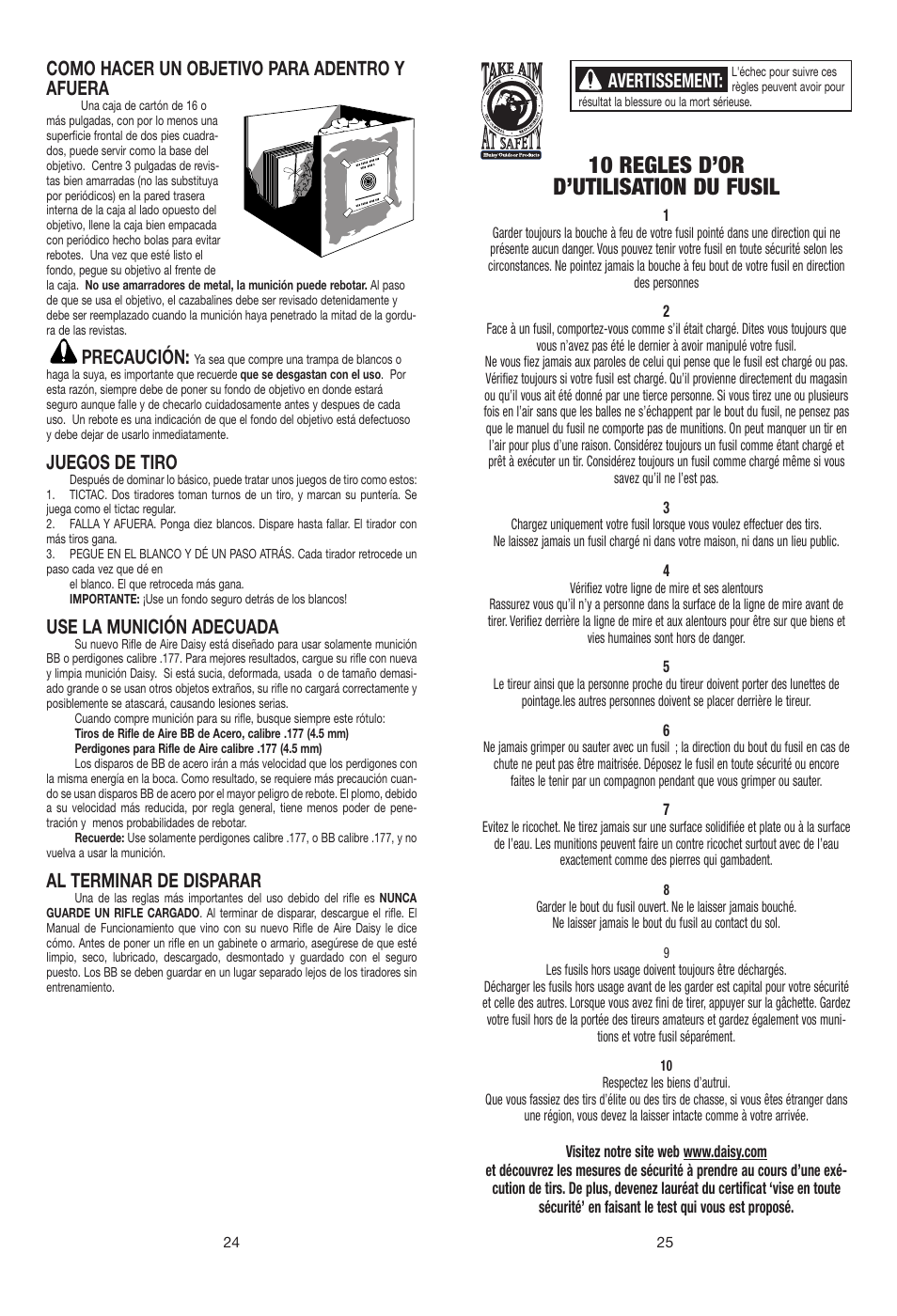 10 regles d’or d’utilisation du fusil, Como hacer un objetivo para adentro y afuera, Precaución | Juegos de tiro, Use la munición adecuada, Al terminar de disparar, Avertissement | Daisy 25 Pump Gun User Manual | Page 13 / 18
