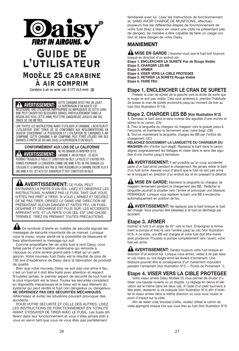 Guide de l’utilisateur, Modèle 25 carabine à air comprim | Daisy 25 Pump Gun User Manual | Page 14 / 18