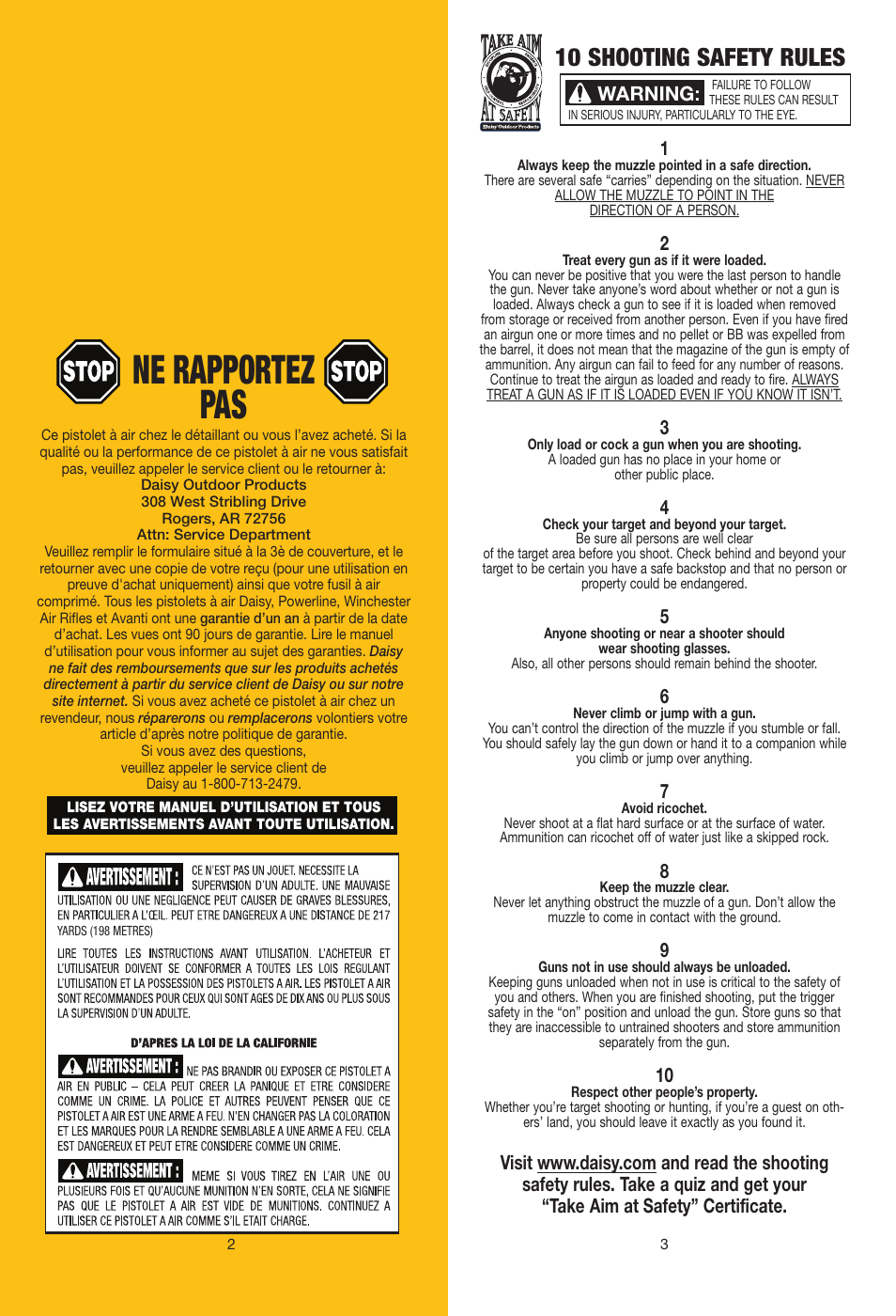 Ne rapportez pas, 10 shooting safety rules | Daisy 25 Pump Gun User Manual | Page 2 / 18