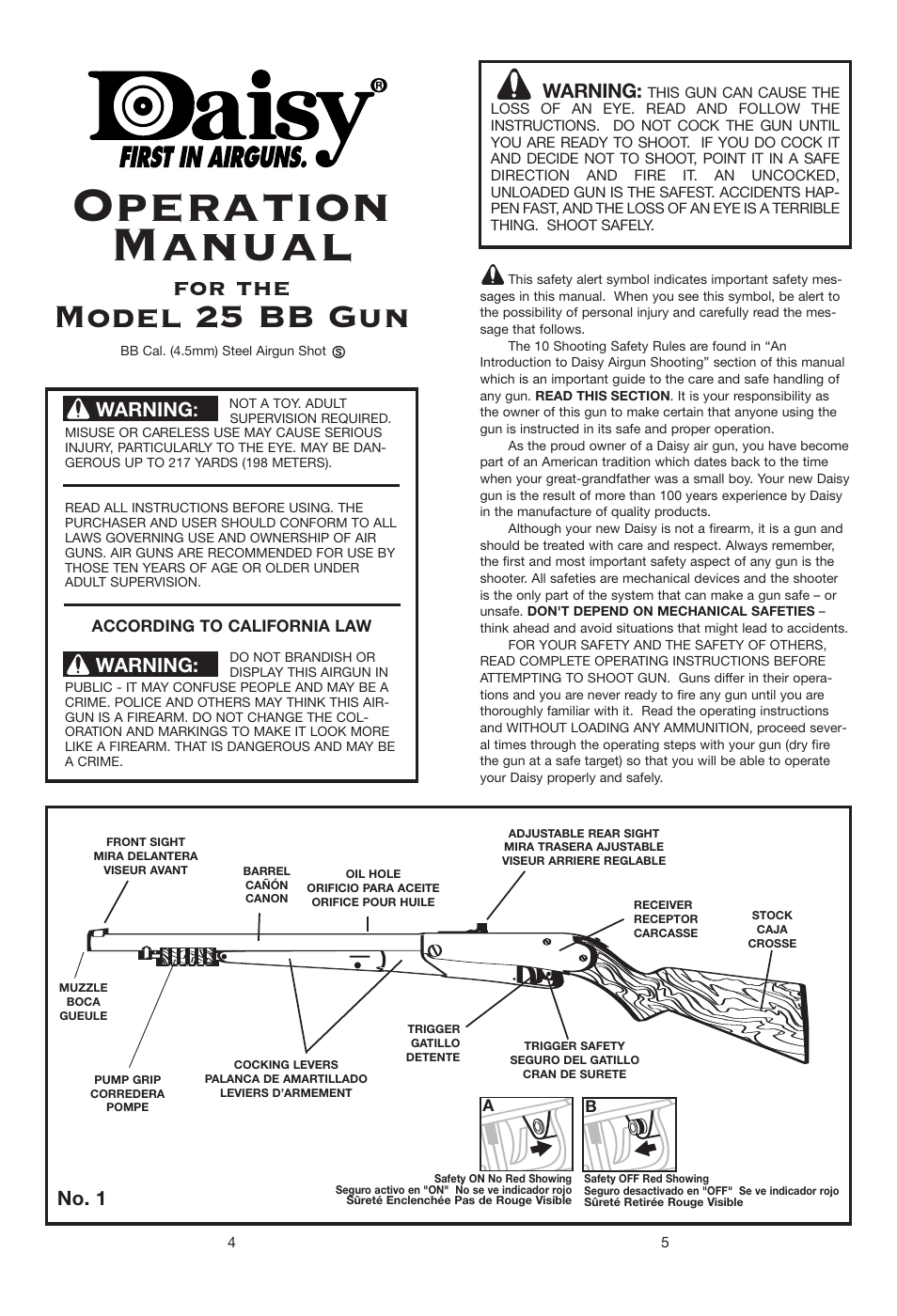 Operation manual, Model 25 bb gun, For the | Warning, No. 1 | Daisy 25 Pump Gun User Manual | Page 3 / 18