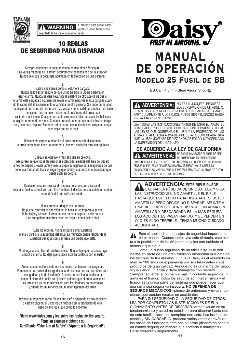 Manual de operación, Modelo 25 fusil de bb, 10 reglas de seguridad para disparar | Advertensia, Warning, De acuerdo a la ley de california, Advertencia | Daisy 25 Pump Gun User Manual | Page 9 / 18