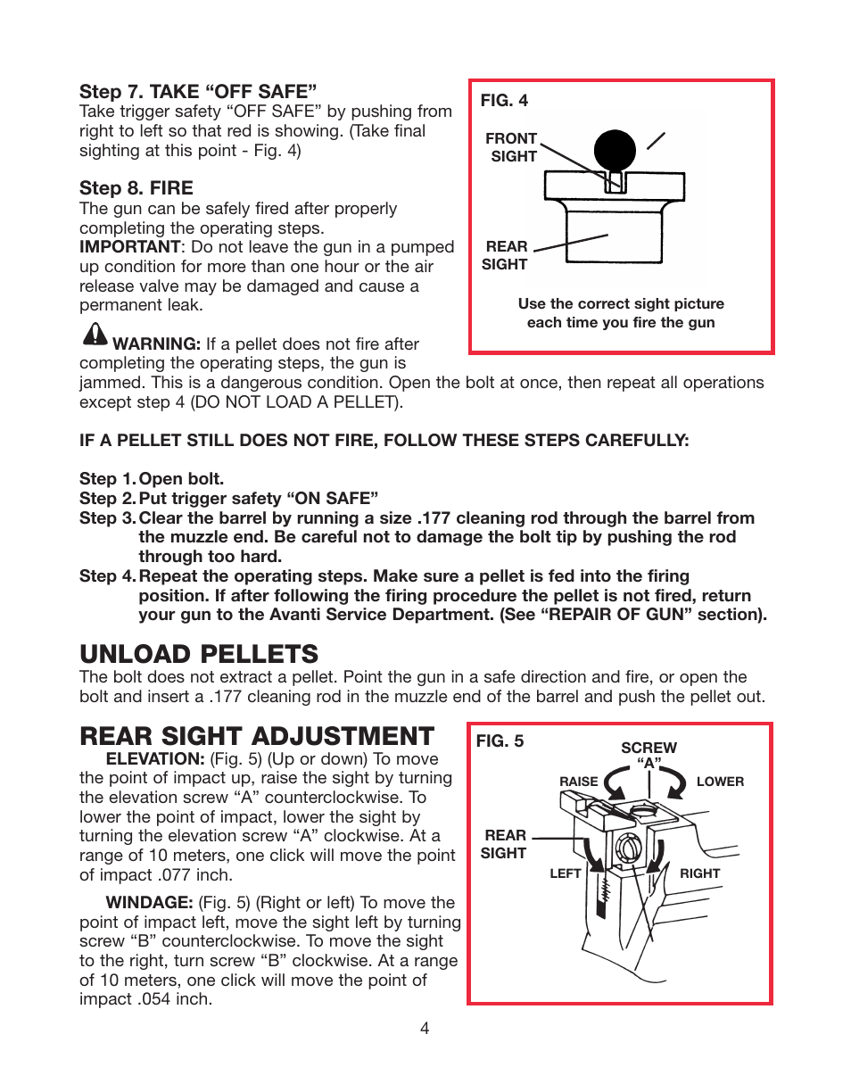 Unload pellets, Rear sight adjustment | Daisy AVANTI Triumph 747 User Manual | Page 4 / 8