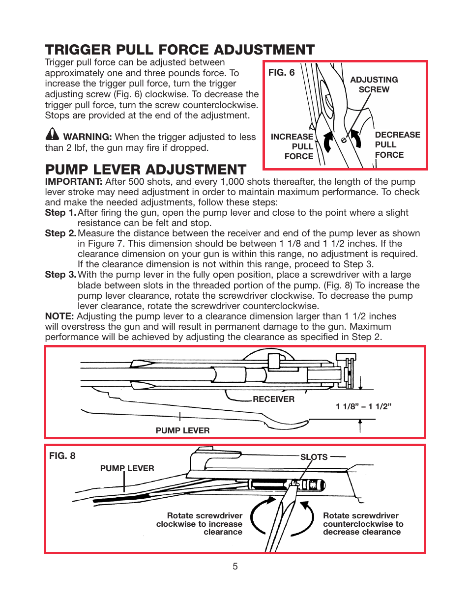 Trigger pull force adjustment, Pump lever adjustment | Daisy AVANTI Triumph 747 User Manual | Page 5 / 8