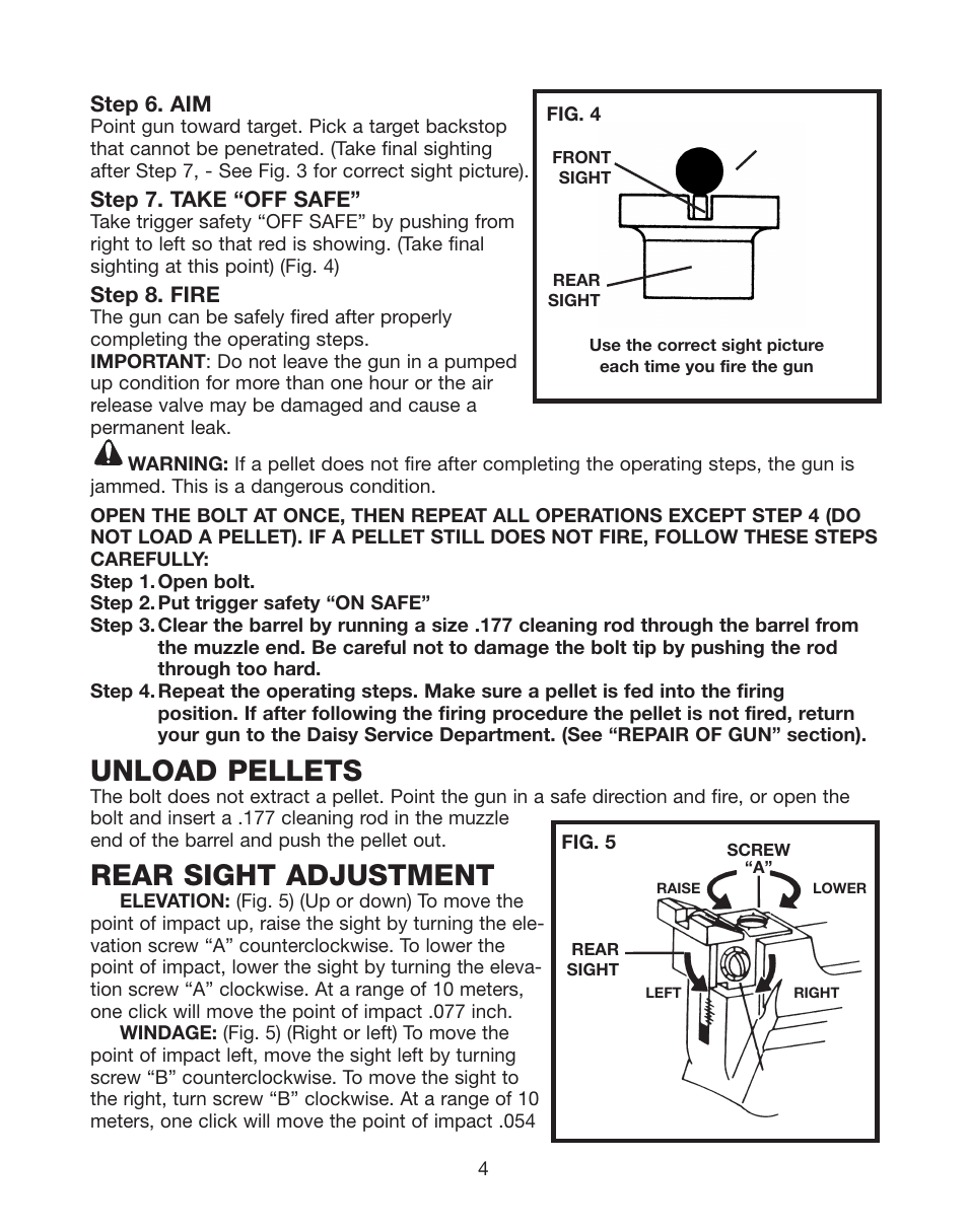 Unload pellets, Rear sight adjustment | Daisy PowerLine 717 User Manual | Page 4 / 8