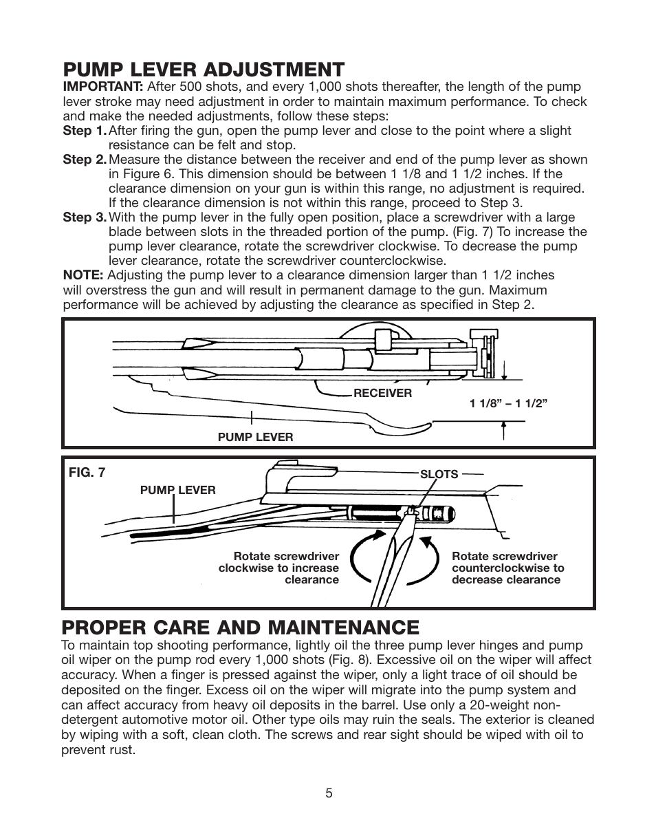Pump lever adjustment, Proper care and maintenance | Daisy PowerLine 717 User Manual | Page 5 / 8