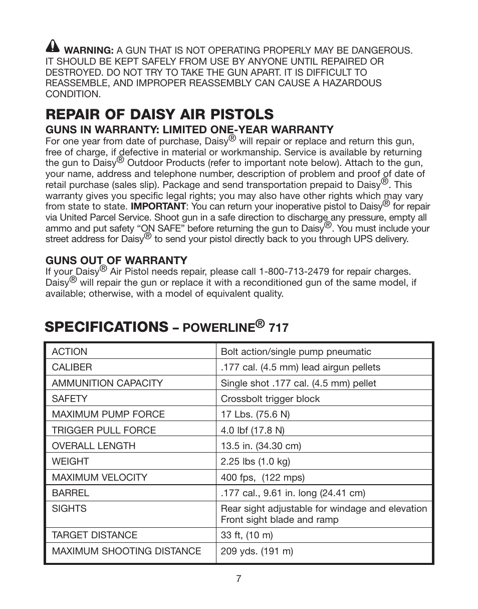 Repair of daisy air pistols, Specifications, Powerline® 717 | Daisy PowerLine 717 User Manual | Page 7 / 8