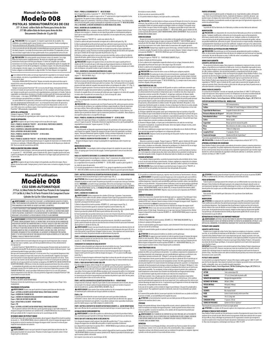 Modèle 008, Modelo 008, Manuel d’utilisation | Manual de operación, Co2 semi-automatique, Pistolas semiautomáticas de c02 | Daisy PowerLine 008 User Manual | Page 2 / 2