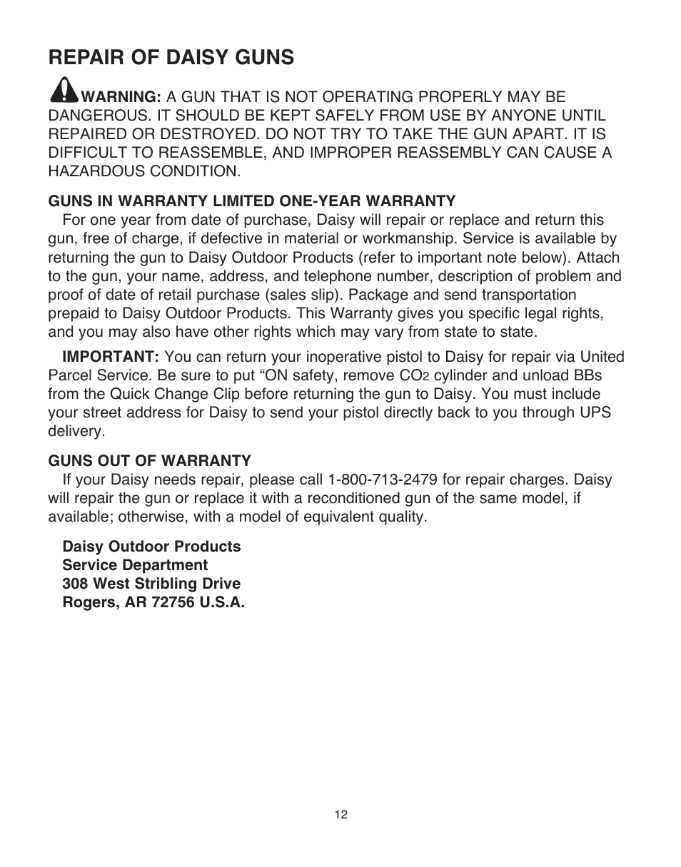 Repair of daisy guns | Daisy PowerLine 693 User Manual | Page 12 / 13