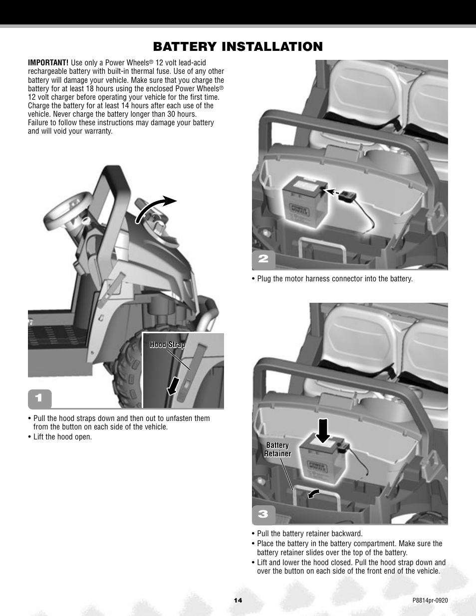 Battery installation | Arctic Cat MONSTER TRACTION P8814 User Manual | Page 14 / 25