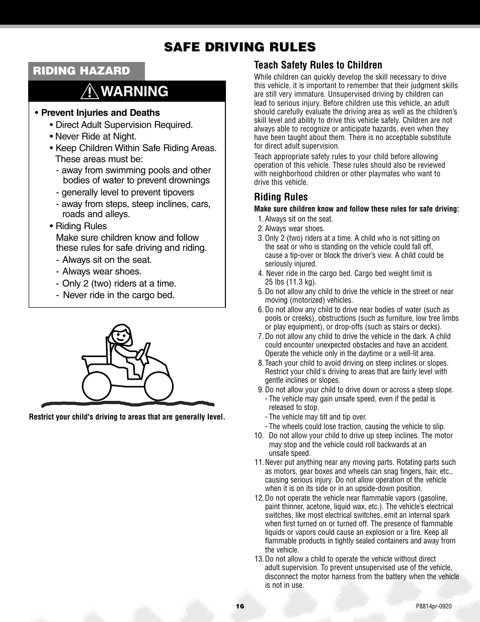 Warning, Safe driving rules, Riding hazard | Arctic Cat MONSTER TRACTION P8814 User Manual | Page 16 / 25