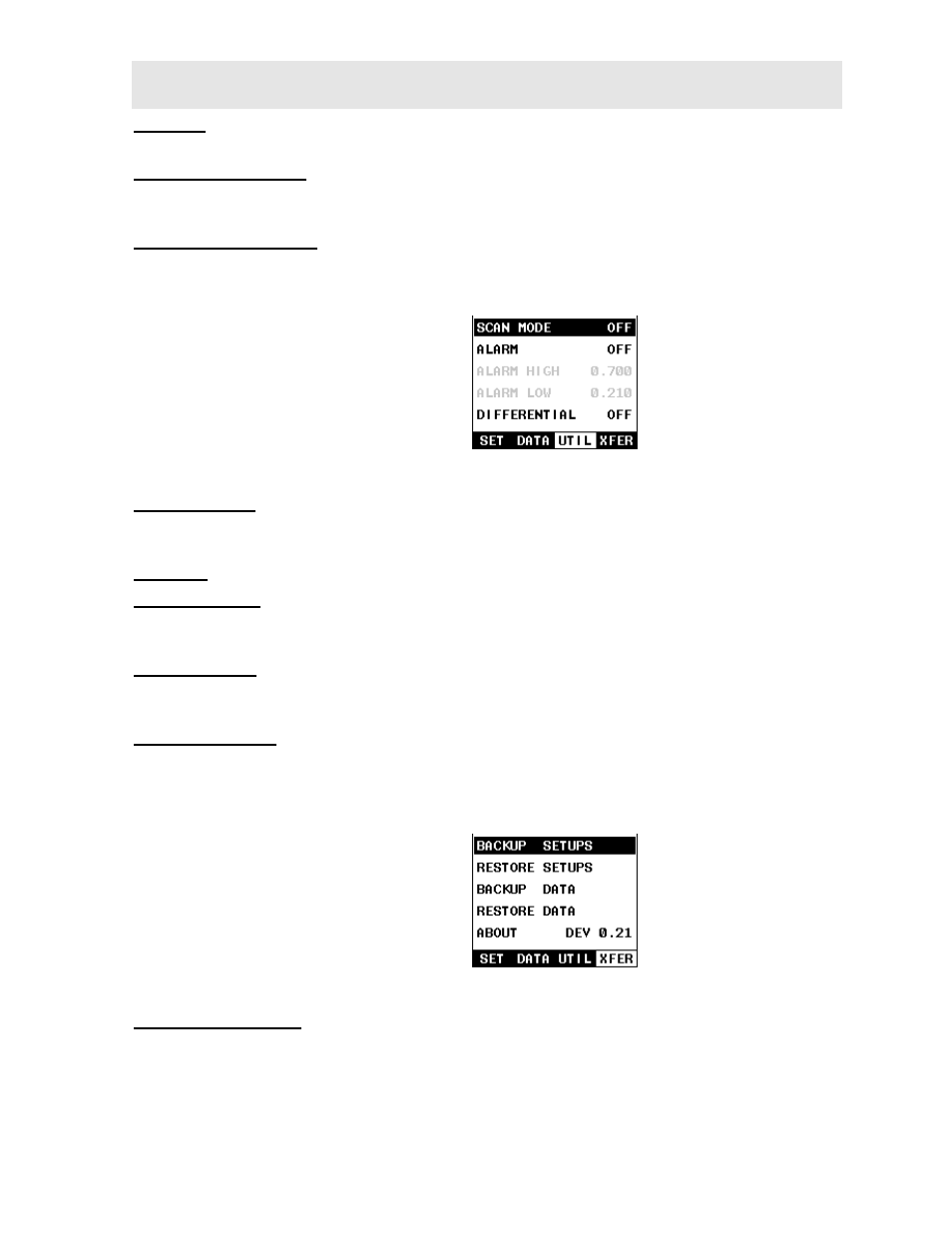 8 util (utilities) – menu, 9 xfer (transfer) – menu | Dakota Ultrasonics CMX DL User Manual | Page 31 / 133