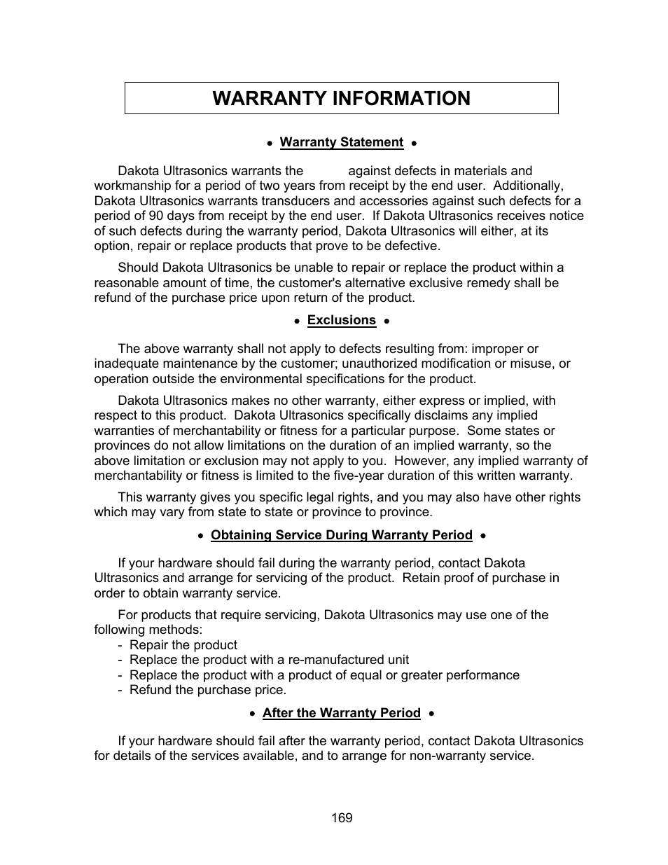 Warranty information | Dakota Ultrasonics DFX-7 plus MANUAL2 User Manual | Page 173 / 174