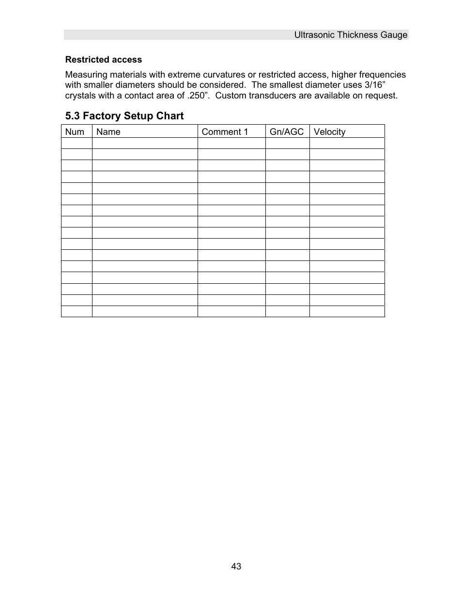 3 factory setup chart | Dakota Ultrasonics DFX-7 plus MANUAL2 User Manual | Page 47 / 174