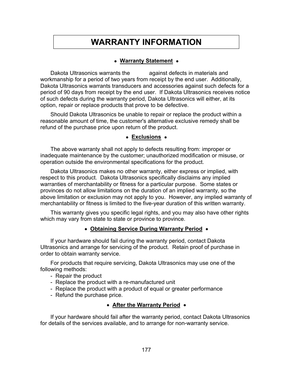 Warranty information | Dakota Ultrasonics DFX-8 plus MANUAL2 User Manual | Page 181 / 183