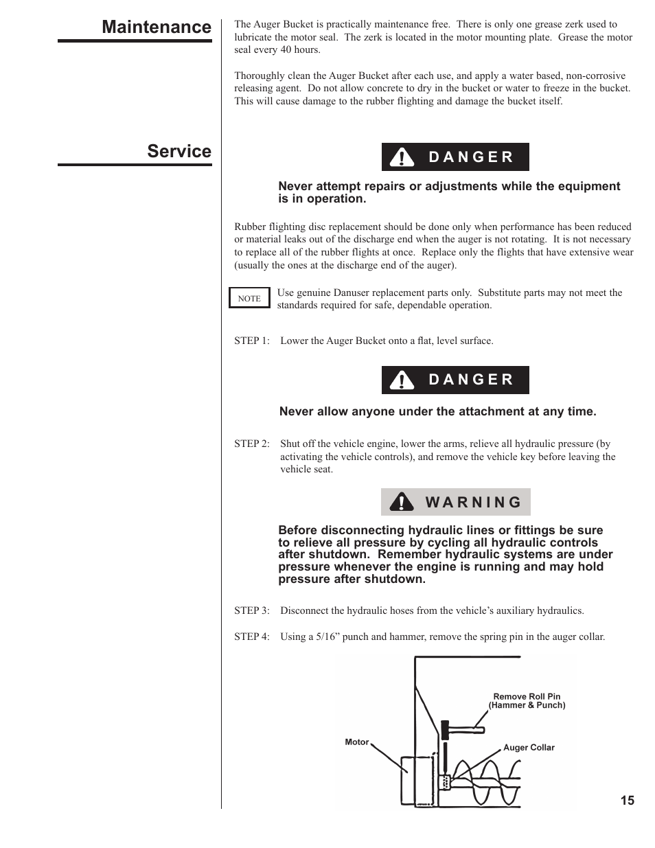Maintenance, Service, Maintenance service | Danuser 2312 AugerBucket User Manual | Page 15 / 20