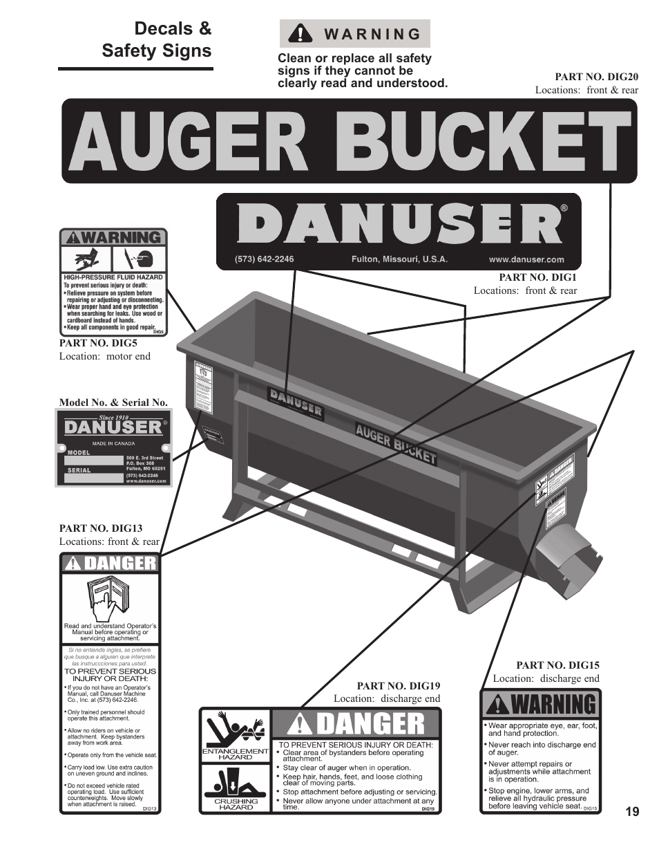 Decals & safety signs | Danuser 2312 AugerBucket User Manual | Page 19 / 20