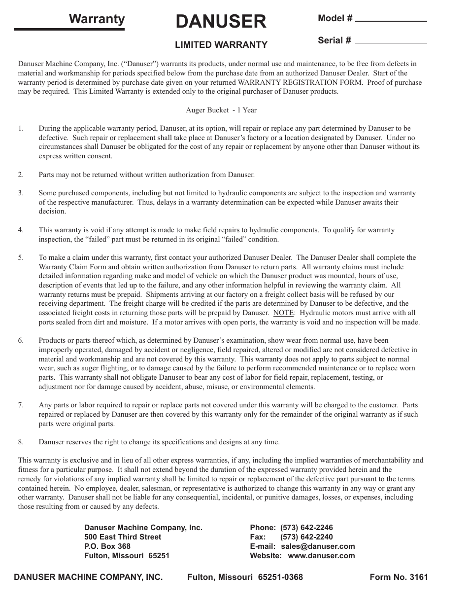 Warranty, Danuser | Danuser 2312 AugerBucket User Manual | Page 20 / 20