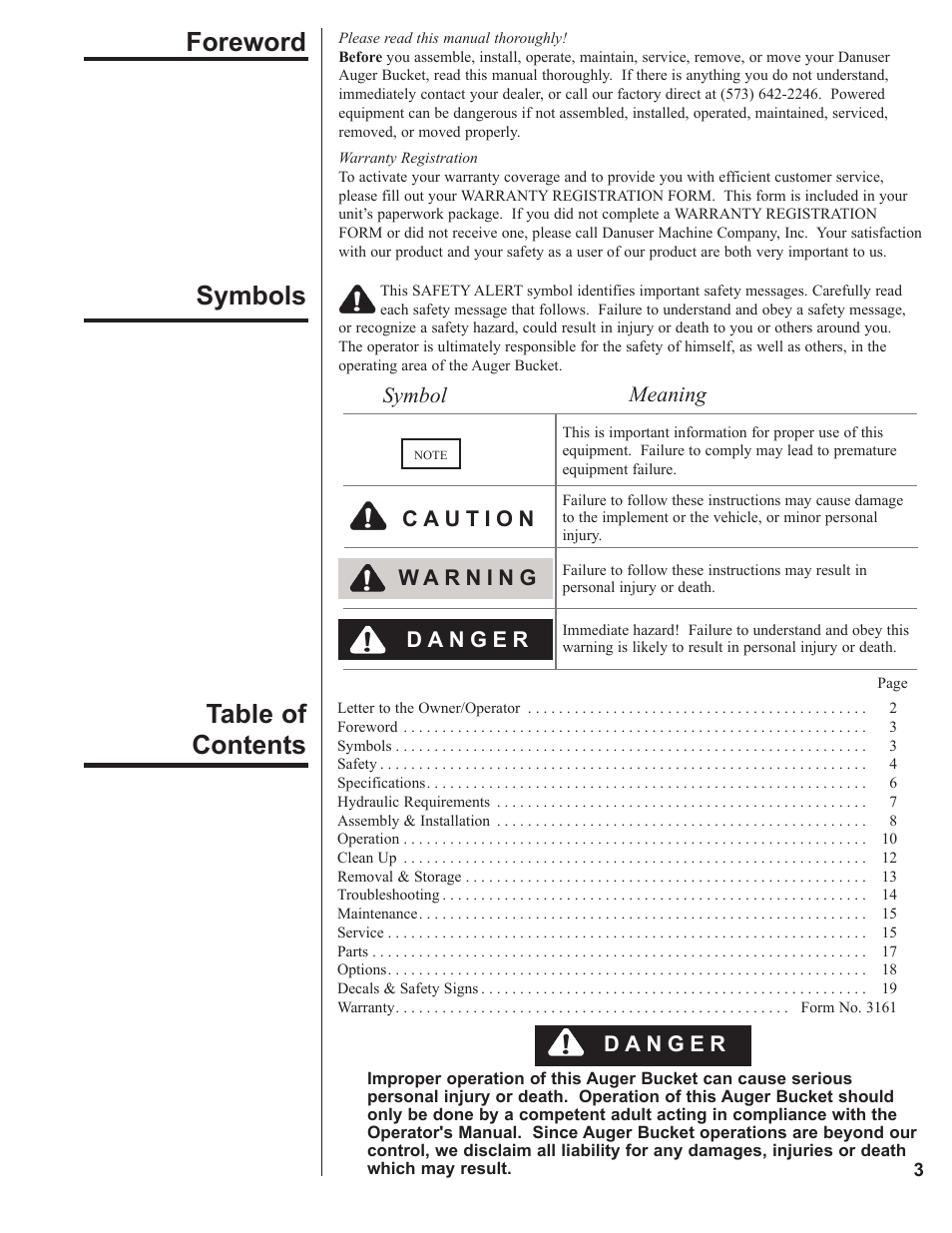 Foreword, Symbols, Foreword symbols table of contents | Danuser 2312 AugerBucket User Manual | Page 3 / 20