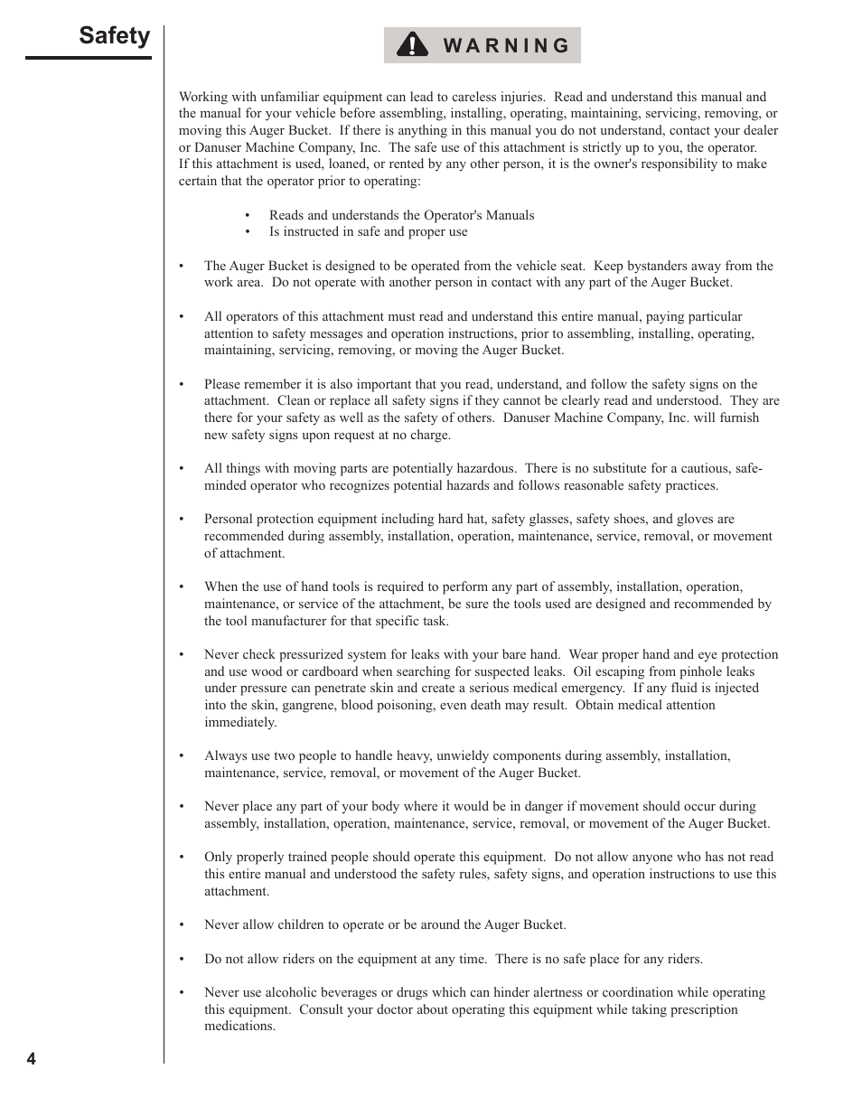 Safety | Danuser 2312 AugerBucket User Manual | Page 4 / 20