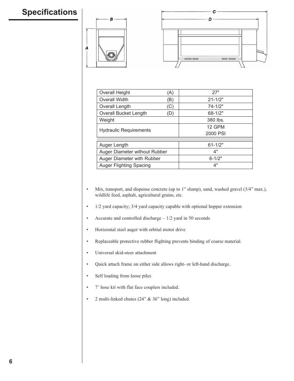 Specifications | Danuser 2312 AugerBucket User Manual | Page 6 / 20