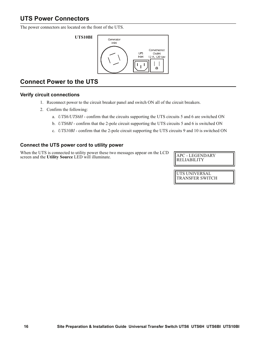 Uts power connectors, Connect power to the uts | APC UTS6BI User Manual | Page 17 / 30