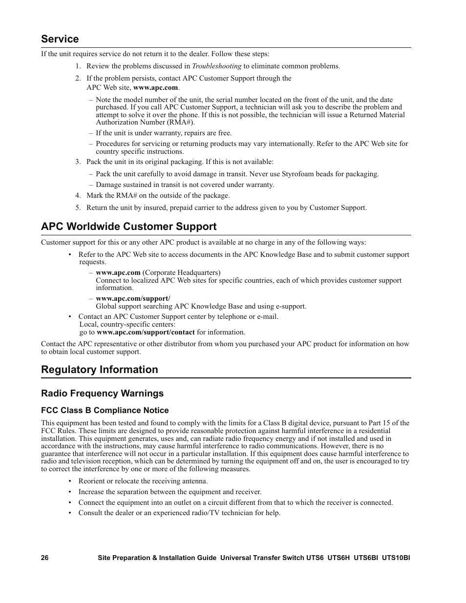 Service, Apc worldwide customer support, Regulatory information | APC UTS6BI User Manual | Page 27 / 30