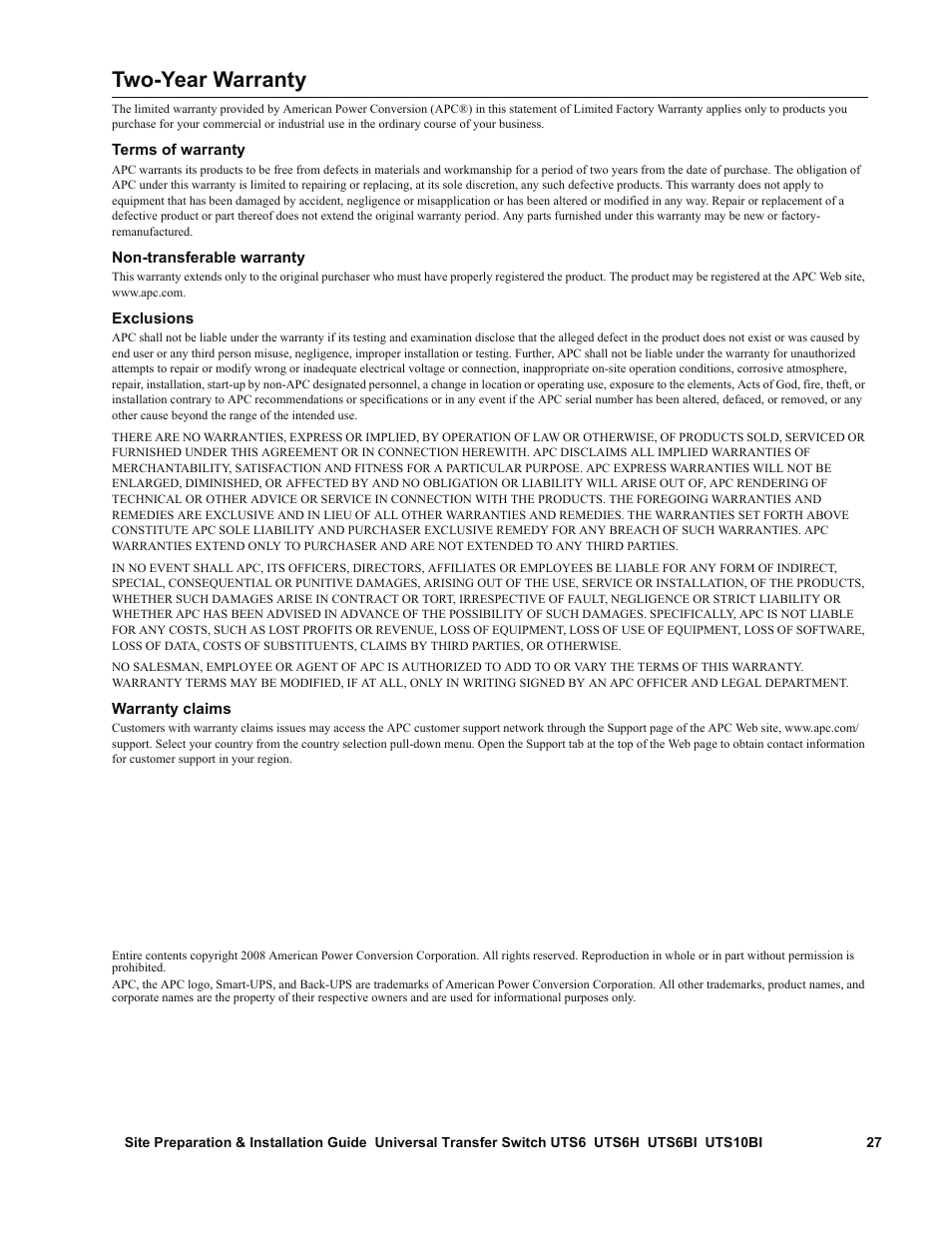 Two-year warranty | APC UTS6BI User Manual | Page 28 / 30