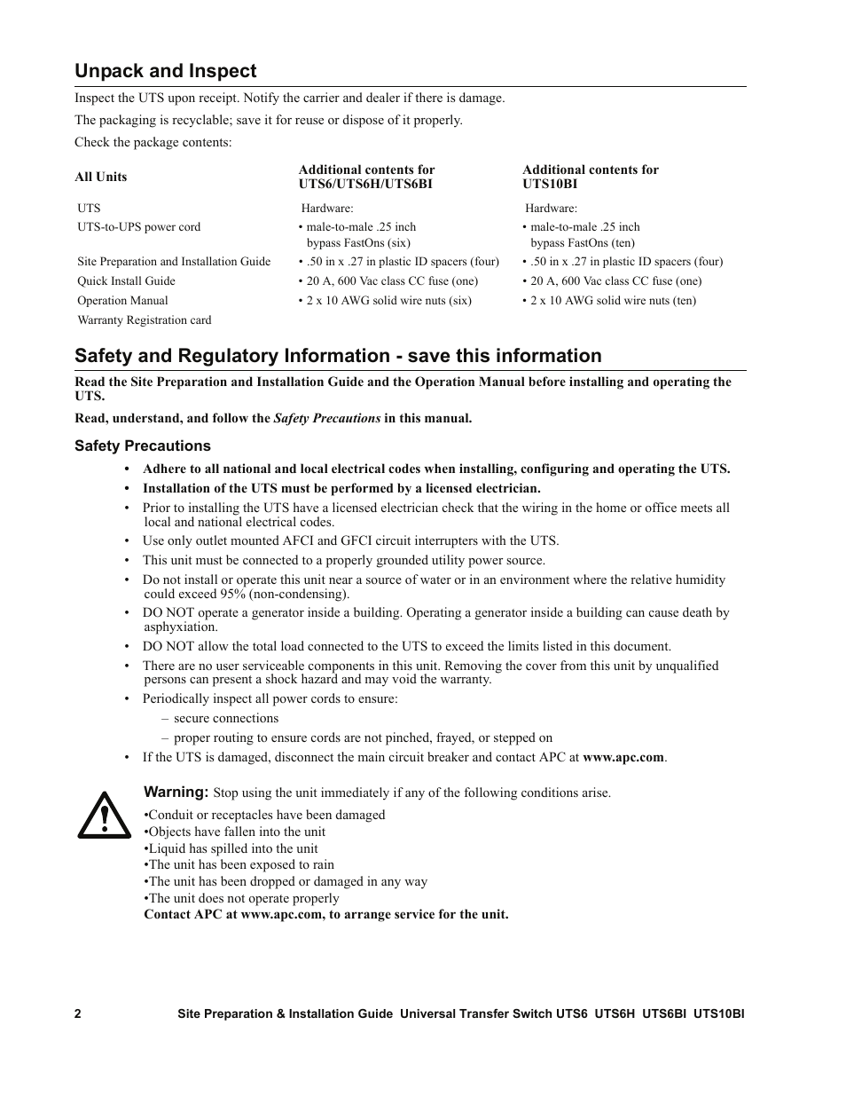 Unpack and inspect | APC UTS6BI User Manual | Page 3 / 30
