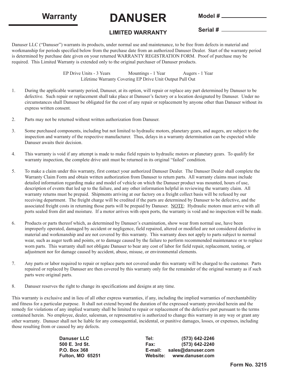 Warranty, Danuser | Danuser EP15 Round User Manual | Page 26 / 26