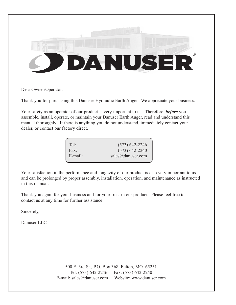 Letter to the owner/operator | Danuser EP20 User Manual | Page 2 / 22