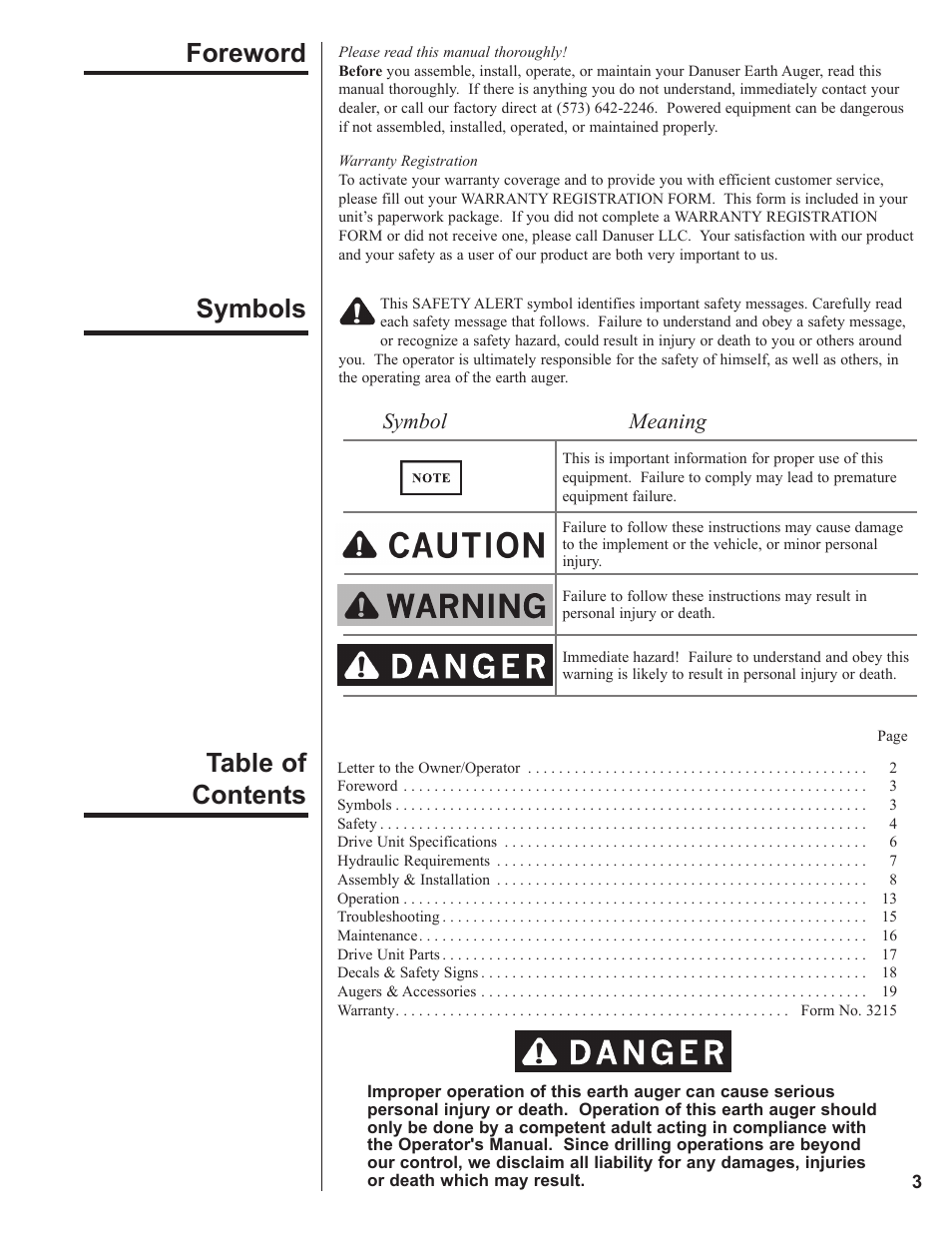 Foreword, Symbols, Symbols table of contents | Symbol meaning | Danuser EP20 User Manual | Page 3 / 22