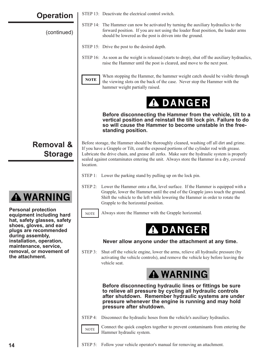 Removal & storage, Operation | Danuser LM40 Hammer User Manual | Page 14 / 30